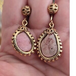 Rhodonite Drop Pink Earrings Vintage Uniquely Shaped 1.25in